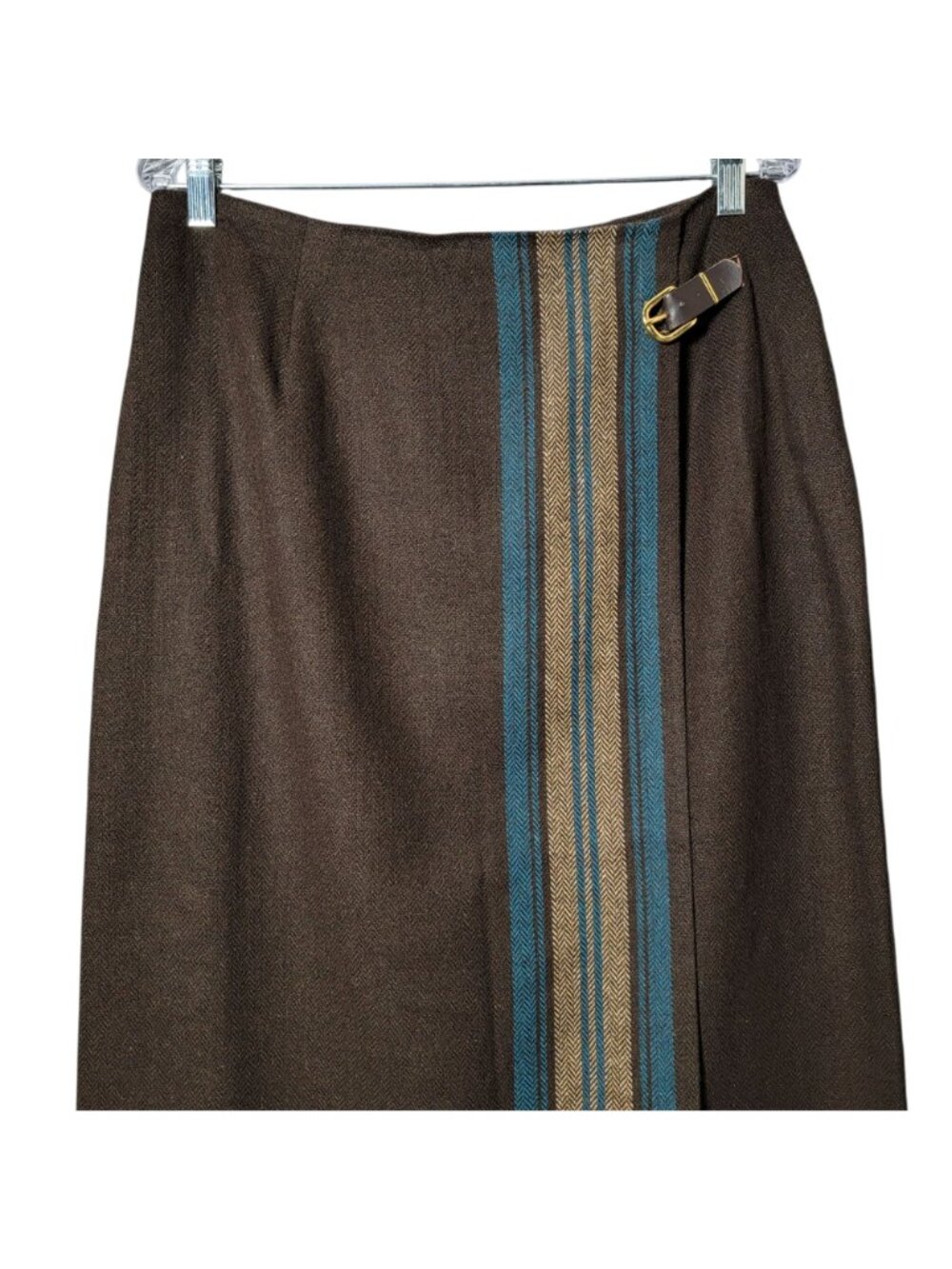 VTG Michele Womens Brown Teal Western Plaid Wool Blend Midi Wrap Fringe Skirt 12 - Picture 2 of 10